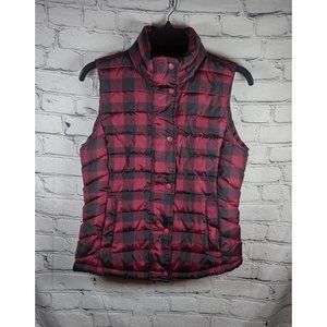 GAP Puffer Vest XS Burgundy Black Buffalo Check Full Zip/Snap Pockets